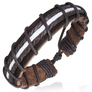 Bracelet avec bande de cuir marron et cordages bicolores