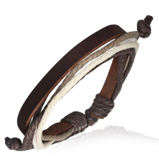 Bracelet avec bande de cuir marron et cordages blanc et brun