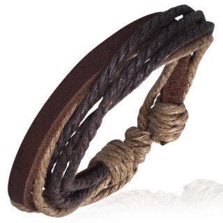 Bracelet avec bande de cuir marron et cordes bicolores