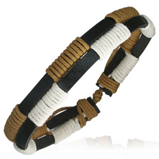 Bracelet avec cordes blanches et beige sur rubans de cuir noir