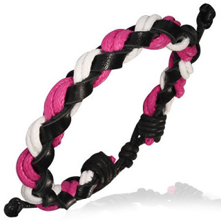 Bracelet avec lanire de cuir, corde blanche et fushia tresses