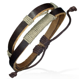 Bracelet avec lanires de cuir marron entoures de cordages