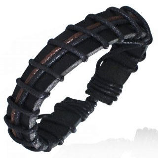 Bracelet avec large bande de cuir noire cercle de cordes