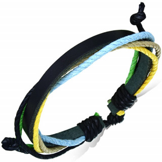 Bracelet avec ruban de cuir noir et cordage jaune, vert, bleu et beige