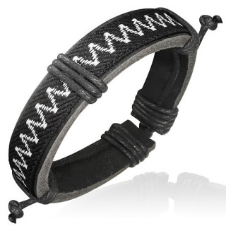 Bracelet avec tissu  motif zigzag blanc sur bande de cuir noir