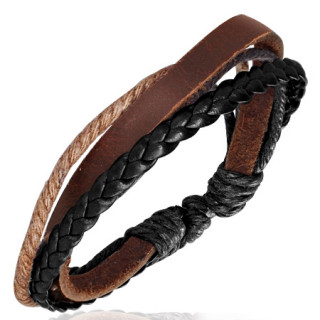 Bracelet avec tresse de cuir noir, ruban de cuir marron et corde