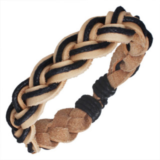 Bracelet avec tresse en cuir beige et corde noire