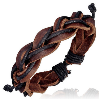 Bracelet avec tresse en cuir marron et corde noire