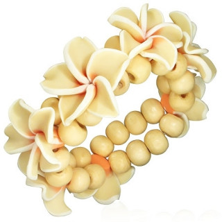 Bracelet blanc crme  fleurs fimo et perles de bois