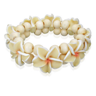 Bracelet blanc crme  perles en bois et fleurs fantaisies en fimo
