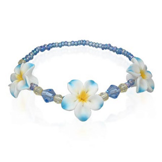 Bracelet bleu à perles et fleurs tricolores en fimo
