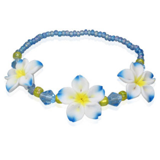 Bracelet bleu et jaune  perles et fleurs exotiques