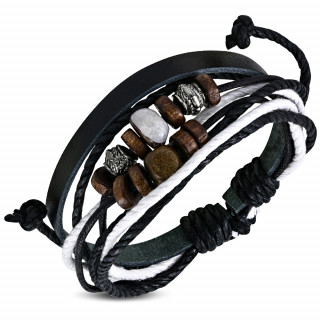 Bracelet corde et cuir noir  perles REF-13631