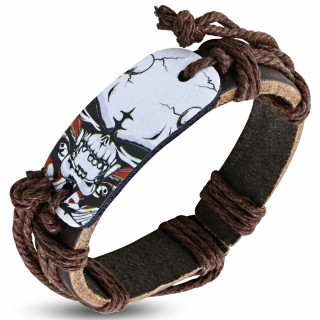 Bracelet cuir et corde avec plaque  crane craquel
