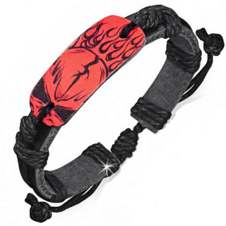 Bracelet cuir et corde avec plaque  crane enflamm noir et rouge