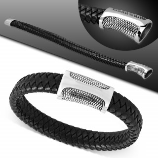 Bracelet cuir tress noir  attache magnetique texture