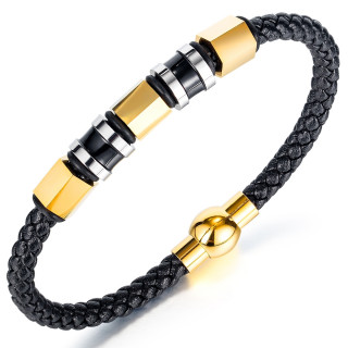 Bracelet à cylindres bicolores et perles hexagonales dorées