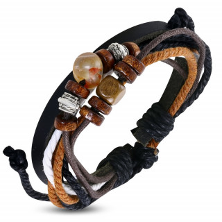 Bracelet de corde et cuir avec perles en bois, mtal et pierre