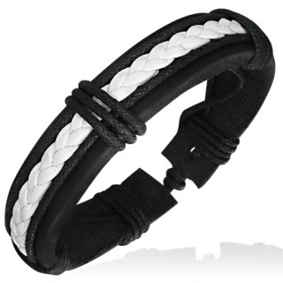 Bracelet de corde et cuir noir avec tresse de cuir blanc ref-8329