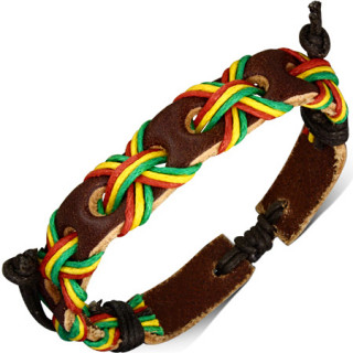 Bracelet de cuir perfor travers de cordes rouges, jaunes et vertes