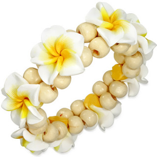 Bracelet de fleurs fimo jaunes et blanches puis perles de bois