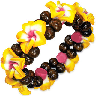 Bracelet de perles fonces en bois et fleurs fimo