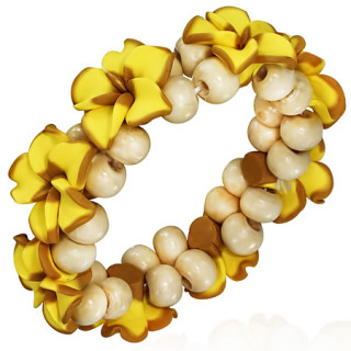 Bracelet en bois beige  fleurs fimo jaunes et marrons