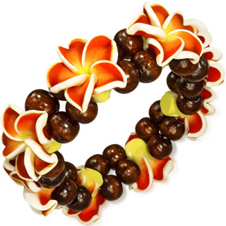 Bracelet en bois fonc avec fleurs fimo oranges  bords blancs