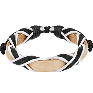 Bracelet en cuir avec lanire beige et croisillons noirs et blancs