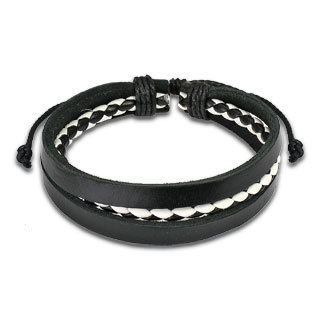Bracelet en cuir avec lanières et tresse noire et blanche