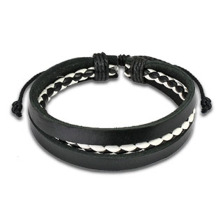 Bracelet en cuir avec lanires et tresse noire et blanche