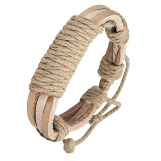 Bracelet en cuir beige et blanc avec cordage