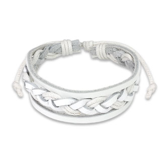 Bracelet en cuir blanc avec torsade au centre et bandes latrales