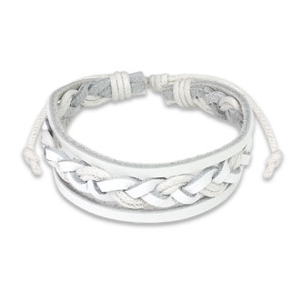 Bracelet en cuir blanc avec torsade au centre et bandes latérales