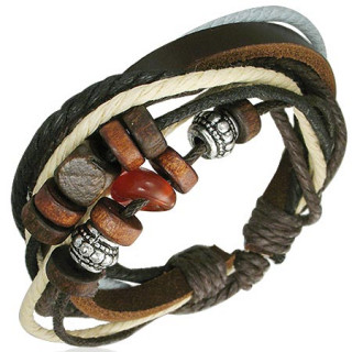 Bracelet en cuir et corde  perles anneles en bois, pierre et mtal
