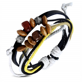Bracelet en cuir et corde avec perles en métal sculpté, pierre et bois