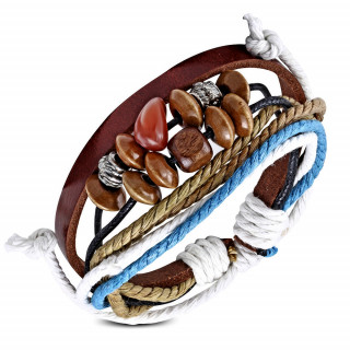 Bracelet en cuir et corde multicolore avec perles en pierre, bois et mtal sculpt