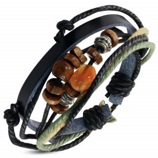 Bracelet en cuir et cordelettes  perles de bois, mtal et pierre
