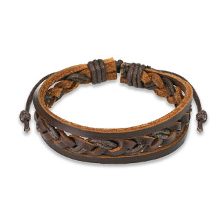 Bracelet en cuir marron avec torsade au centre et bandes latérales