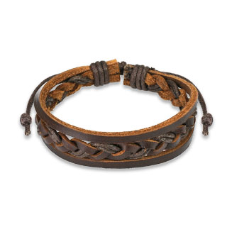 Bracelet en cuir marron avec torsade au centre et bandes latrales