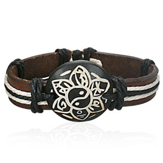 Bracelet en cuir marron et corde avec plaque en os  fleur Yin et Yang