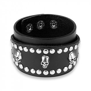 Bracelet en cuir noir à bande ovale rivetée avec inserts tête de mort