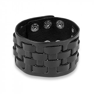 Bracelet en cuir noir  lanires croises en damier