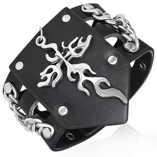 Bracelet en cuir noir ajouré avec croix enflammées et chaines croisées