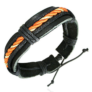 Bracelet en cuir noir avec torsade orange et dore