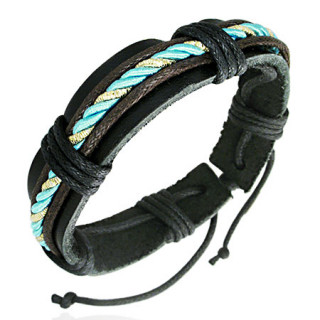 Bracelet en cuir noir avec torsade turquoise et dorée
