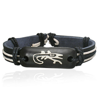 Bracelet en cuir noir et corde avec plaque en os  lzard