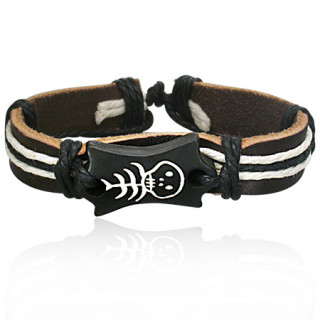 Bracelet en cuir noir et corde avec plaque en os à squelette