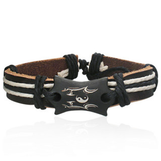 Bracelet en cuir noir et corde avec plaque en os  symbole bagua Yin et Yang
