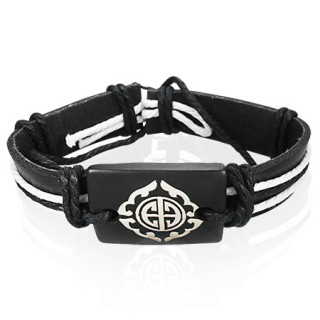 Bracelet en cuir noir et corde avec plaque en os à symbole tribal